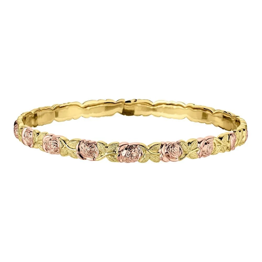 14k Two-Tone Carved Roses & Leaves Bangle Bracelet