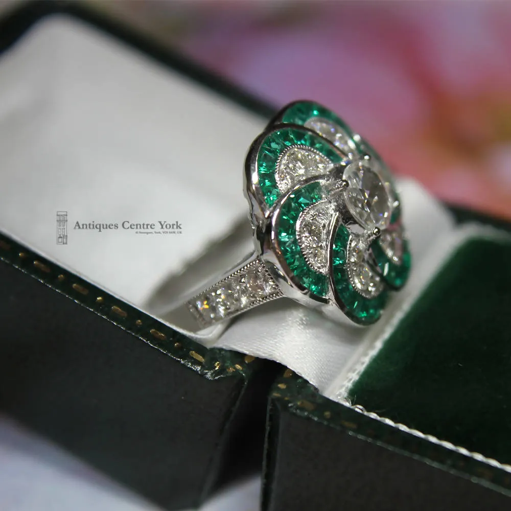 18ct White Gold Emerald & Diamond Cluster