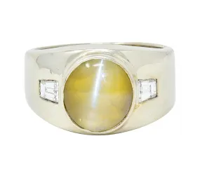 1960's Cat's Eye Chrysoberyl Diamond 14 Karat White Gold Three Stone Ring