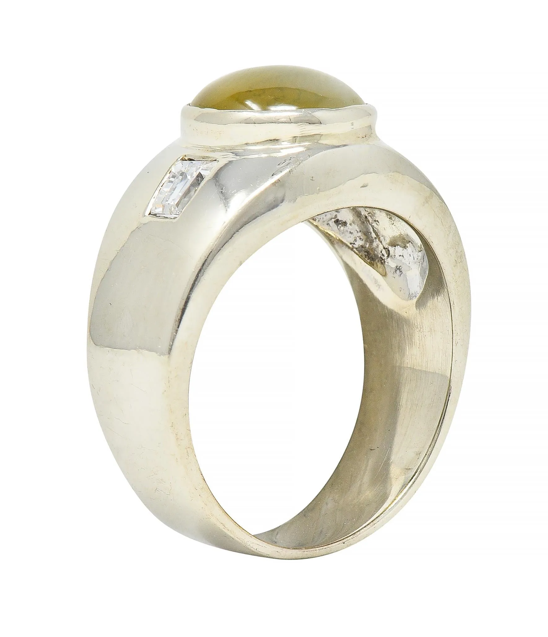 1960's Cat's Eye Chrysoberyl Diamond 14 Karat White Gold Three Stone Ring