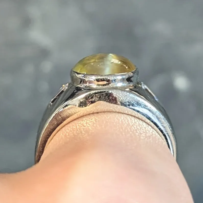 1960's Cat's Eye Chrysoberyl Diamond 14 Karat White Gold Three Stone Ring