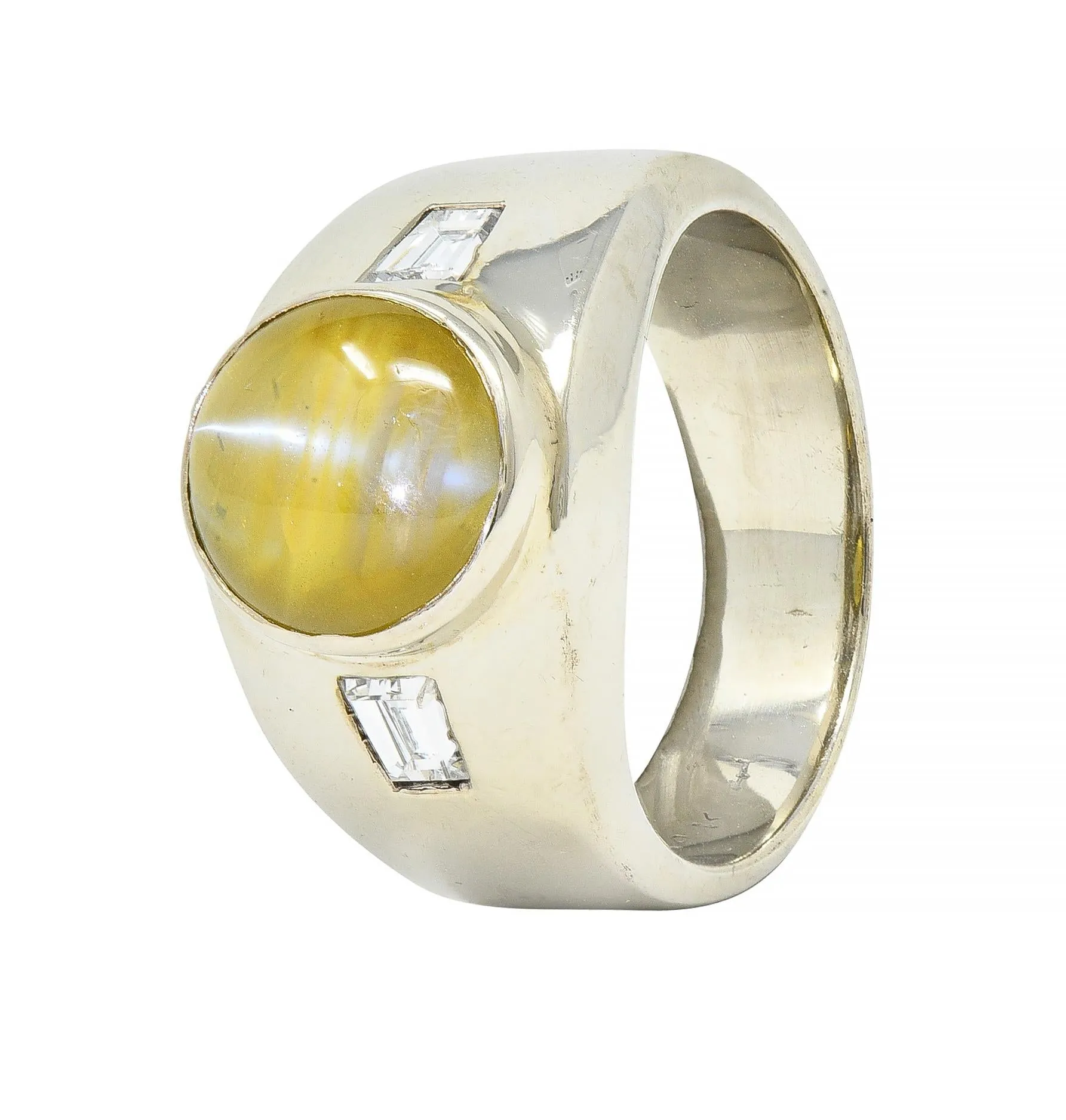 1960's Cat's Eye Chrysoberyl Diamond 14 Karat White Gold Three Stone Ring