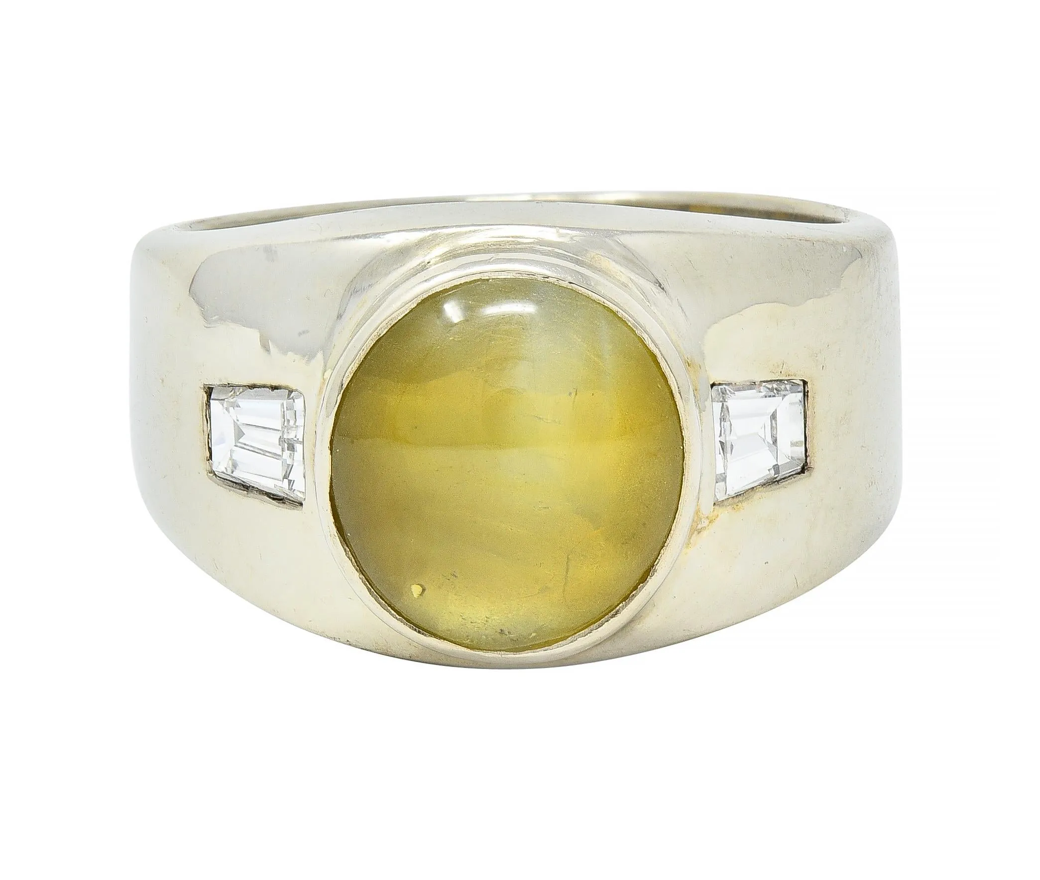 1960's Cat's Eye Chrysoberyl Diamond 14 Karat White Gold Three Stone Ring