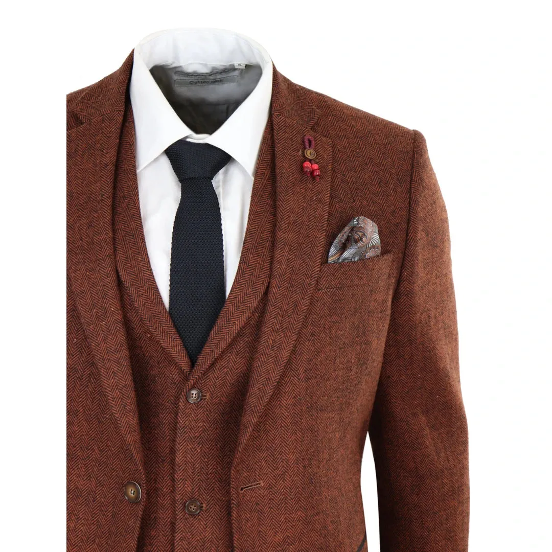 281-02 - Men's Camel 3 Piece Tweed Suit Herringbone Wool Fit