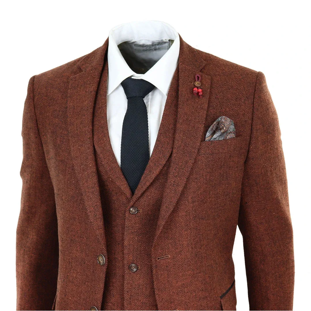 281-02 - Men's Camel 3 Piece Tweed Suit Herringbone Wool Fit