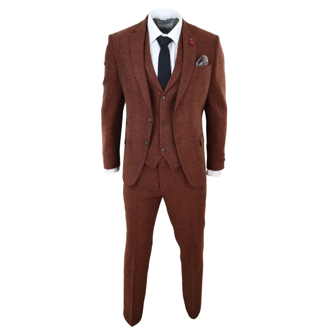 281-02 - Men's Camel 3 Piece Tweed Suit Herringbone Wool Fit