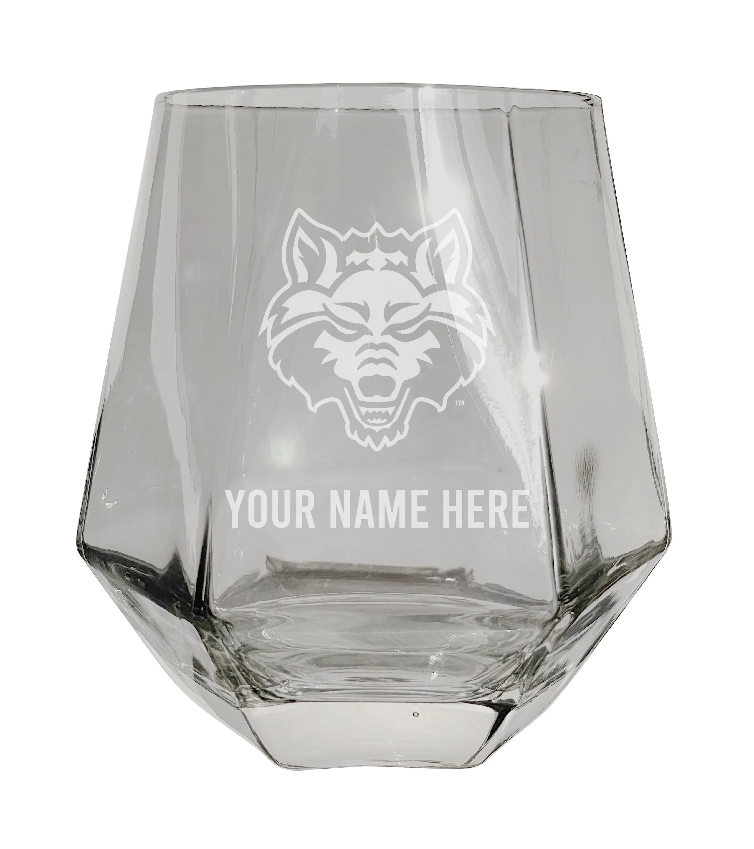 Arkansas State Customizable Stemless Diamond Wine Glass Engraved 10 oz Officially Licensed Collegiate Product