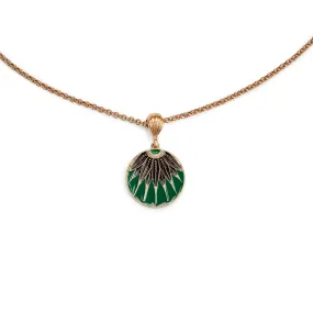 Art deco disc vintage pendant necklace: Green enamel necklace