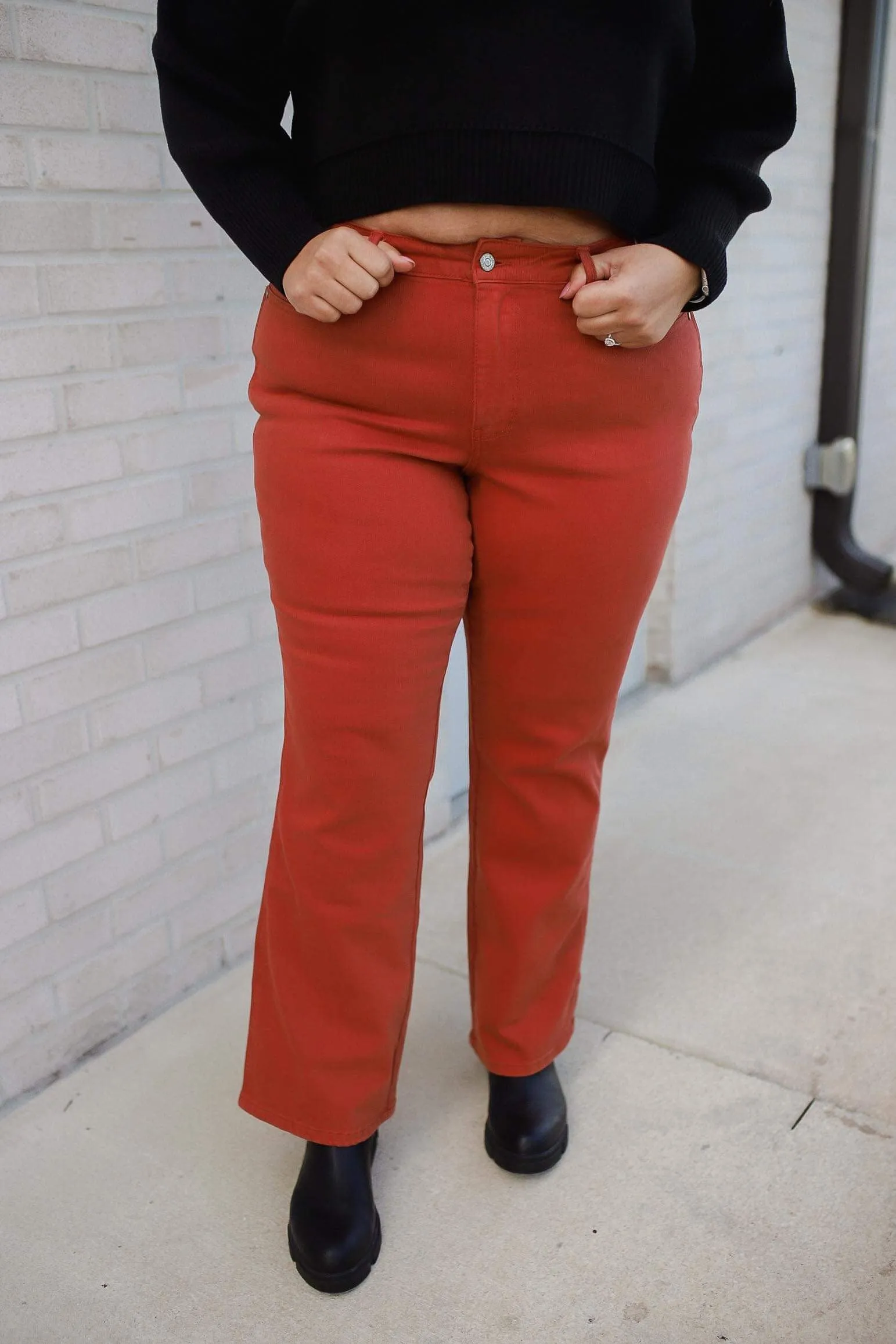 Autumn Mid Rise Slim Bootcut Jeans in Terracotta