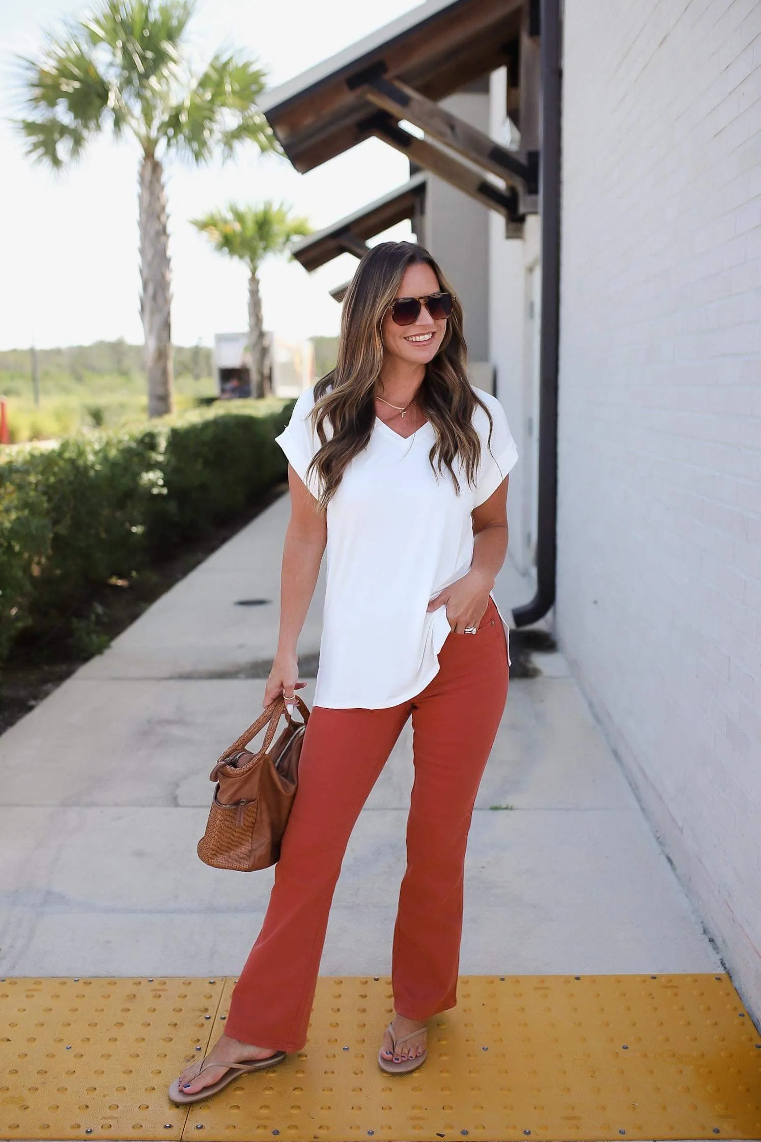 Autumn Mid Rise Slim Bootcut Jeans in Terracotta