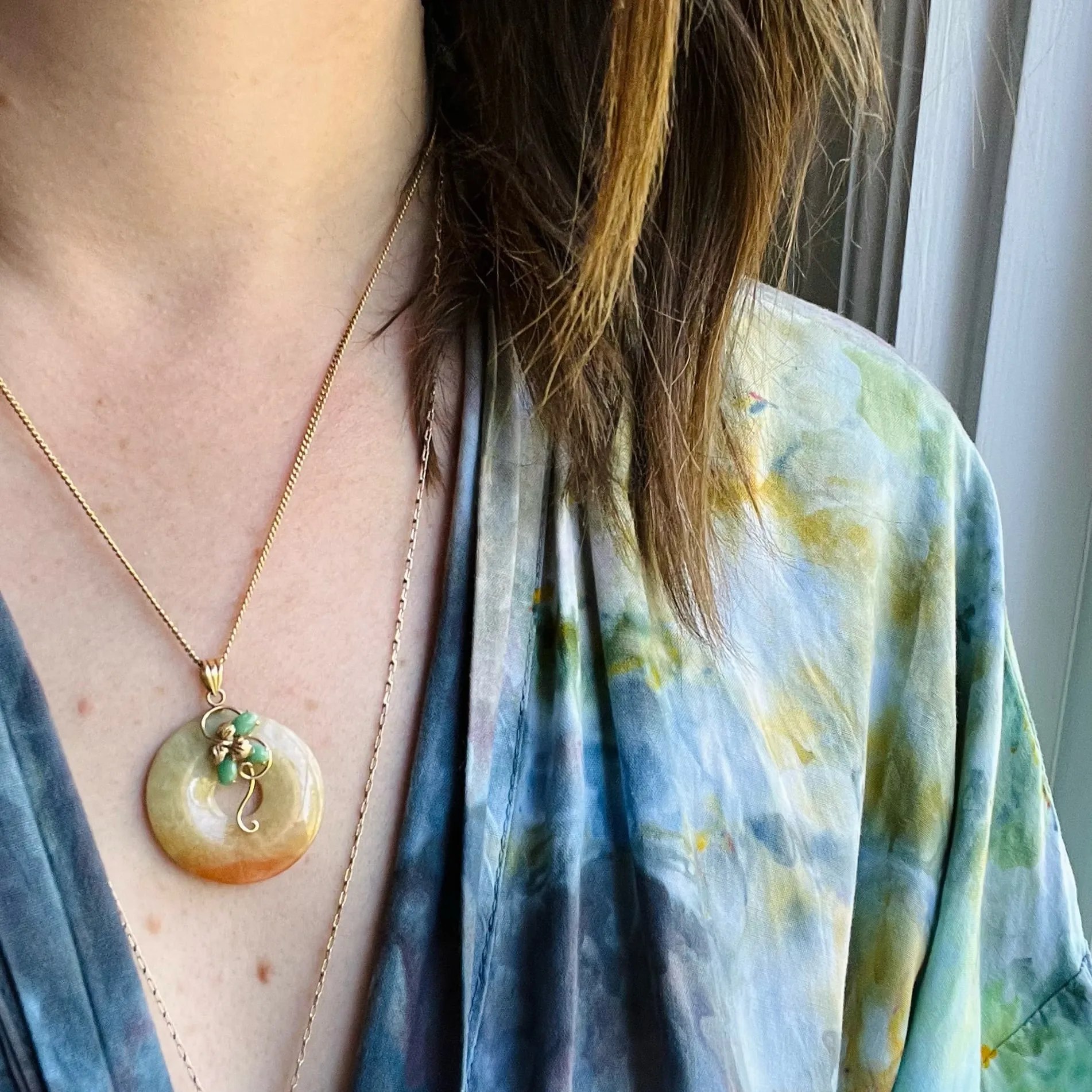 Autumnal Jade Circle Pendant with Gold & Jade Flower