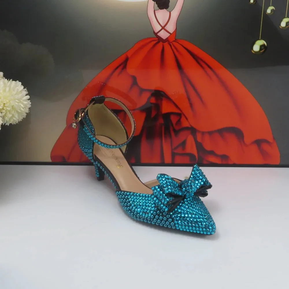 BaoYaFang 2024 New Arrival Teal Blue Crystal Bridal wedding shoes and Bag Female Ladies Party Shoes Ankle Strap Thin High Pumps