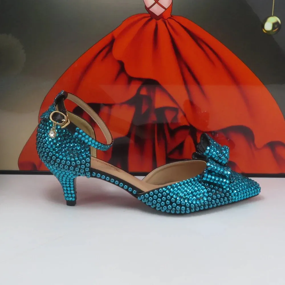 BaoYaFang 2024 New Arrival Teal Blue Crystal Bridal wedding shoes and Bag Female Ladies Party Shoes Ankle Strap Thin High Pumps