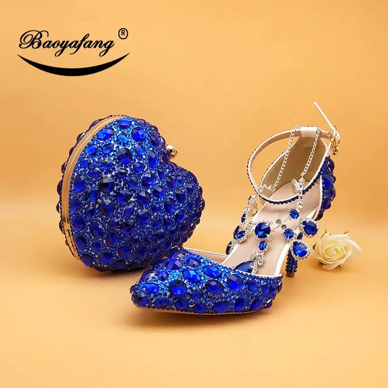 BaoYaFang 2024 New Arrival Teal Blue Crystal Bridal wedding shoes and Bag Female Ladies Party Shoes Ankle Strap Thin High Pumps