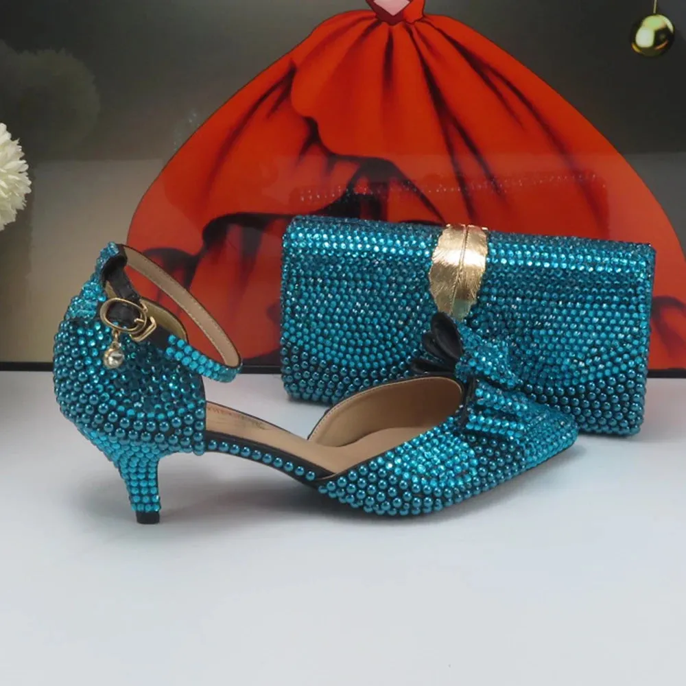 BaoYaFang 2024 New Arrival Teal Blue Crystal Bridal wedding shoes and Bag Female Ladies Party Shoes Ankle Strap Thin High Pumps