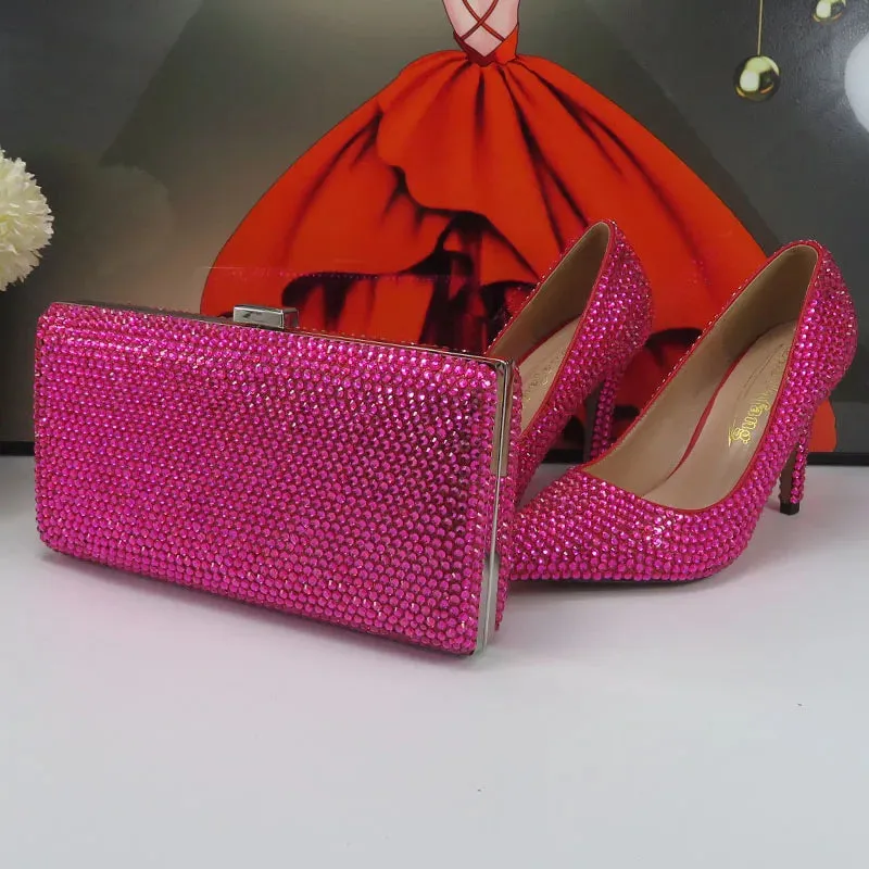 BaoYaFang Fuschia Party Shoe and bag crystal Bridal Wedding shoes and purse for Women Fashion High Pumps Pointed Toe shoe Women