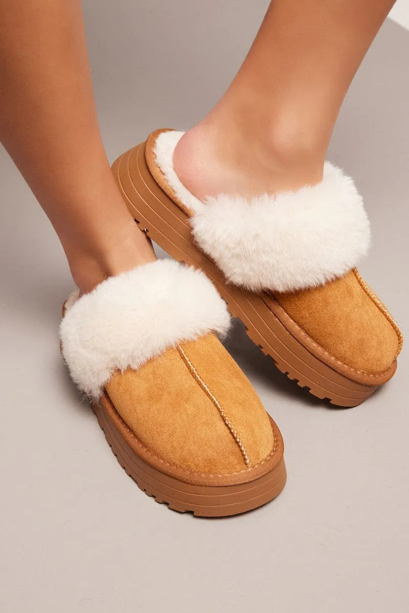 Beige Chunky Faux Fur Mule Slippers