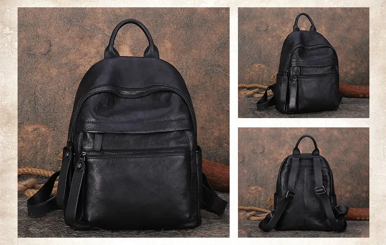 Best Vintage Black Gray Leather Rucksack Womens Vintage School Backpacks Leather Backpack Purse