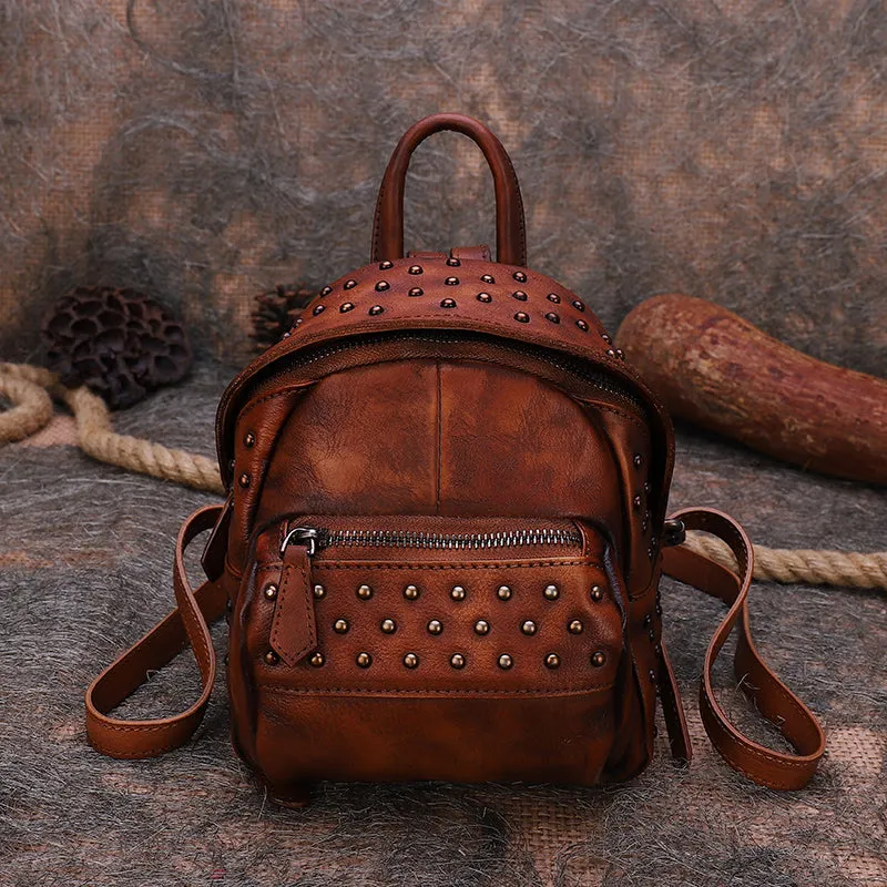 Best Vintage Rivets Brown Leather Rucksack Womens Small School Rucksack Leather Backpack Purse