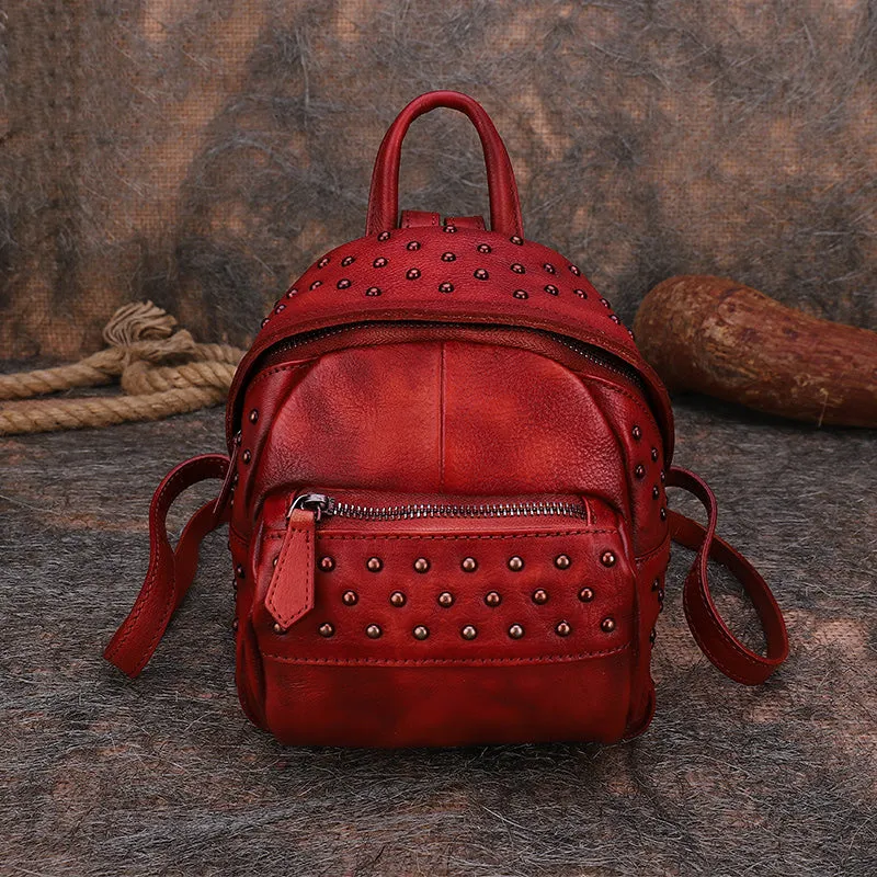 Best Vintage Rivets Brown Leather Rucksack Womens Small School Rucksack Leather Backpack Purse