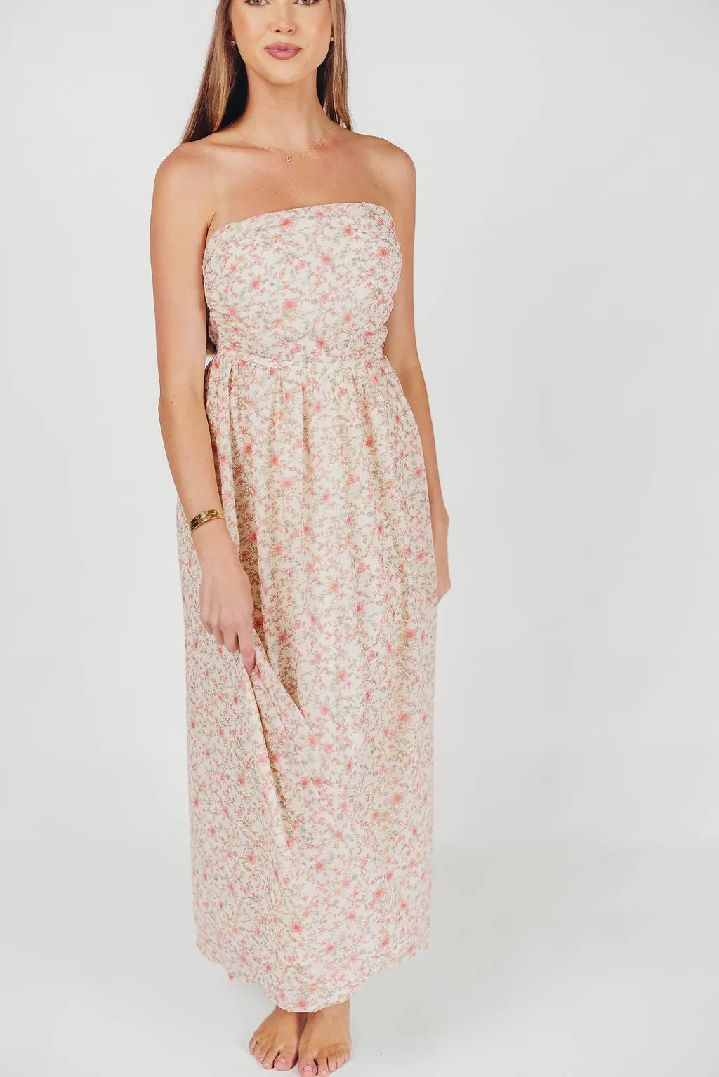 Brenna Strapless Maxi Dress with Ruching Detail Midi in Cream