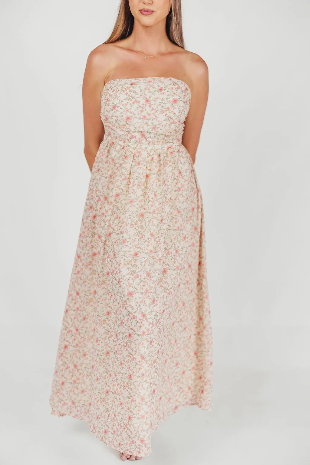 Brenna Strapless Maxi Dress with Ruching Detail Midi in Cream