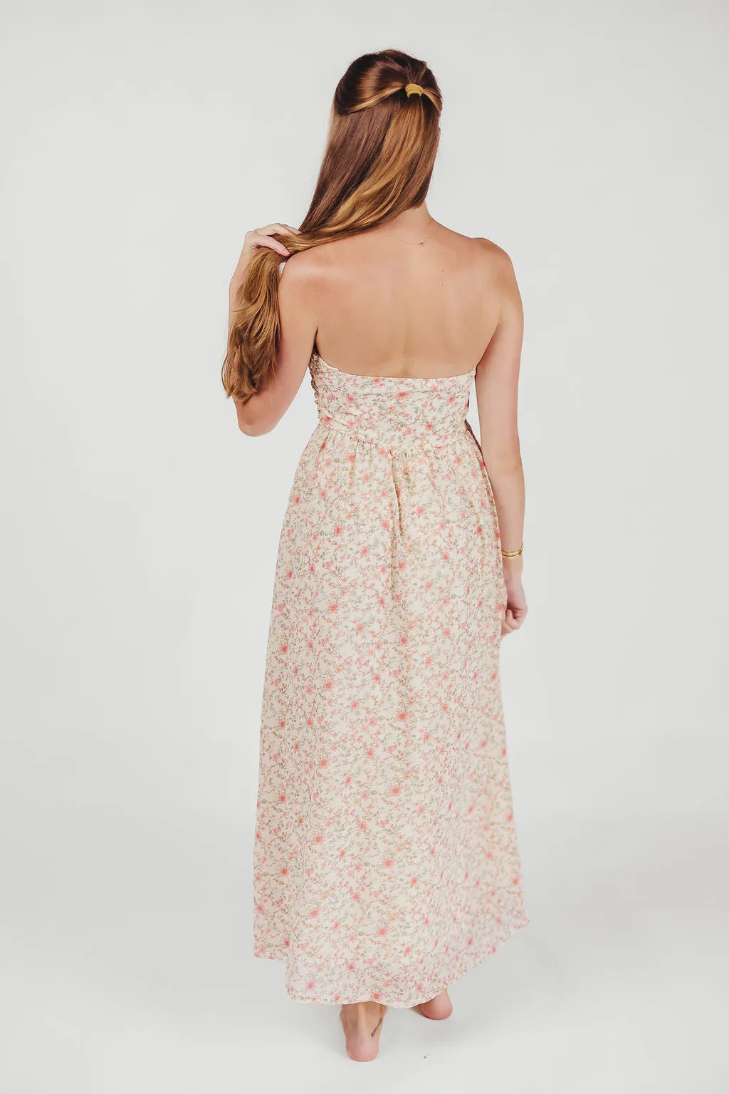 Brenna Strapless Maxi Dress with Ruching Detail Midi in Cream