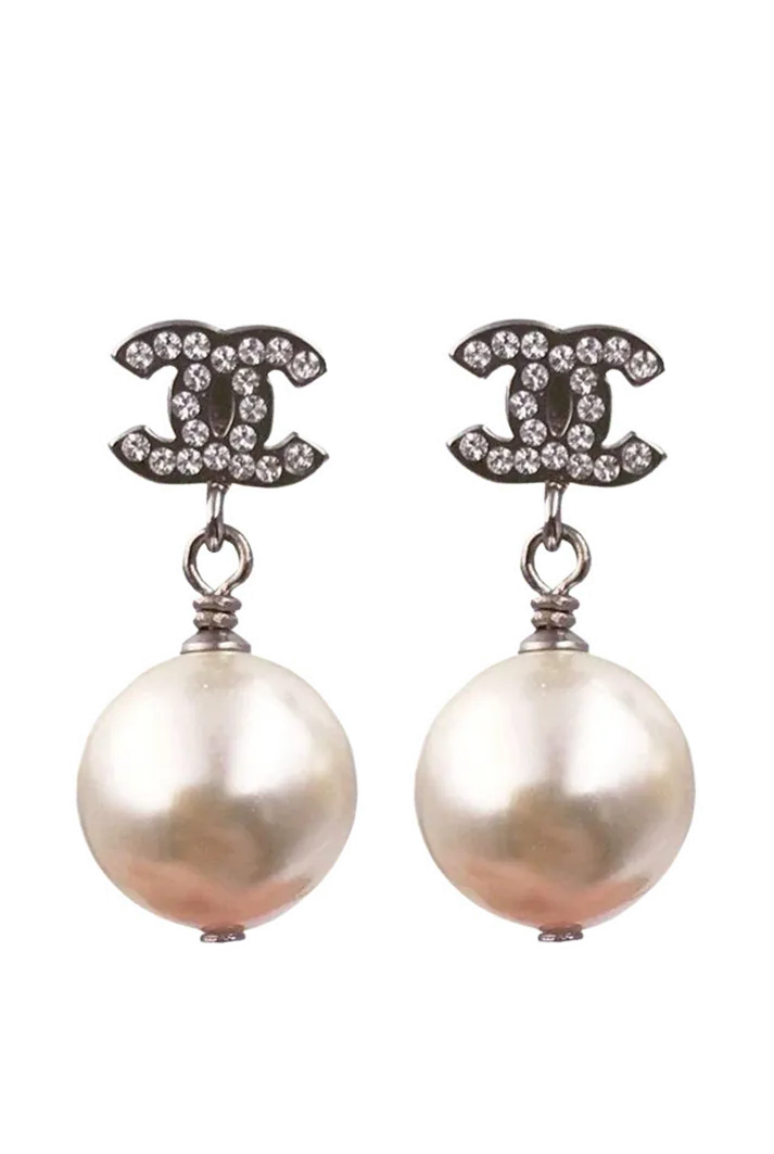 Chanel Silver Crystal CC Faux Pearl Drop Earrings