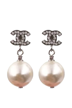 Chanel Silver Crystal CC Faux Pearl Drop Earrings