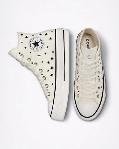 Converse sneakers alta in canvas con zeppa Chuck Taylor All Star Lift Platform Embroidered Stars A03724C egret-black