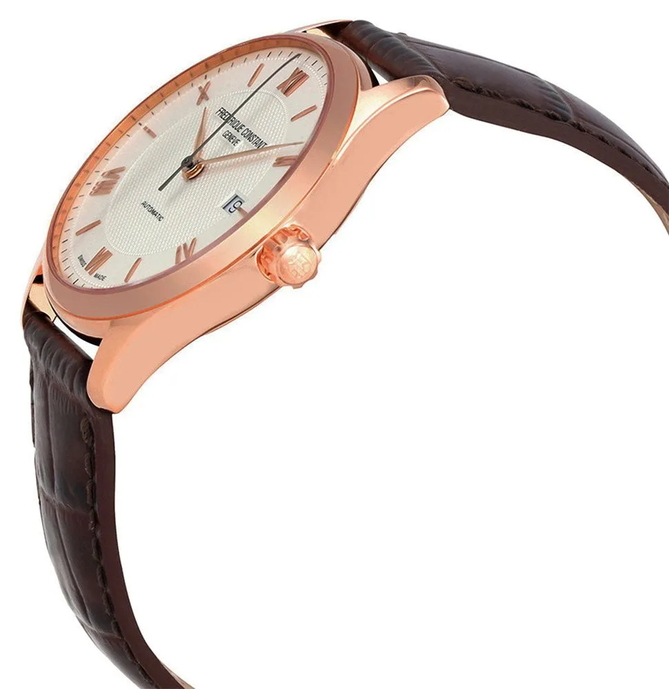 Frederique Constant Classics Index Automatic Rose Gold Tone Steel Silver Dial Date Brown Leather Strap Mens Watch FC-303MV5B4