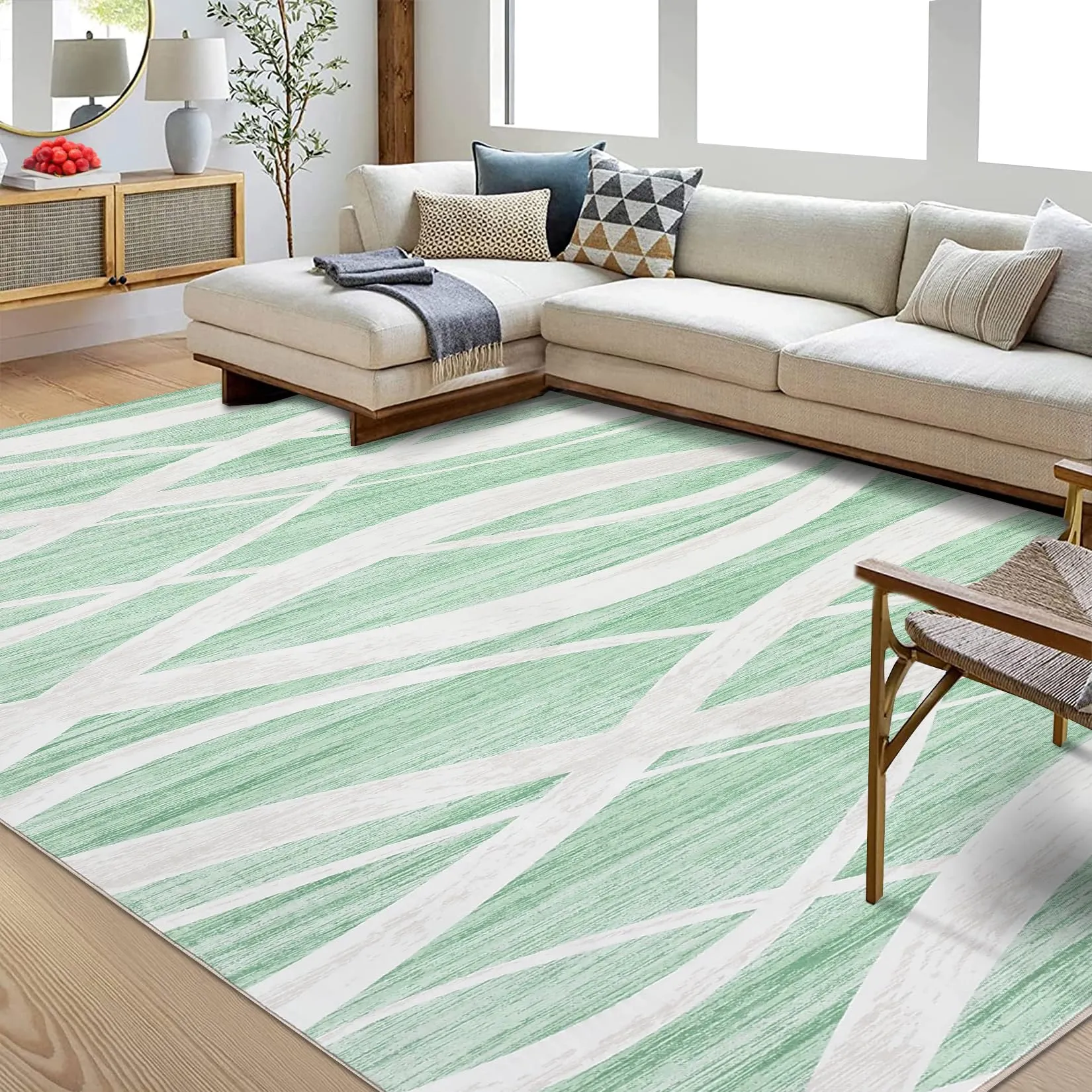 GARVEE 5x7 Area Rugs for Living Room Washable Rug Soft Modern Wave Distressed Carpet Non-Slip Print Rug Low Pile Non-Shedding Foldable Carpet for Bedroom Dining Room Office Nursery Green