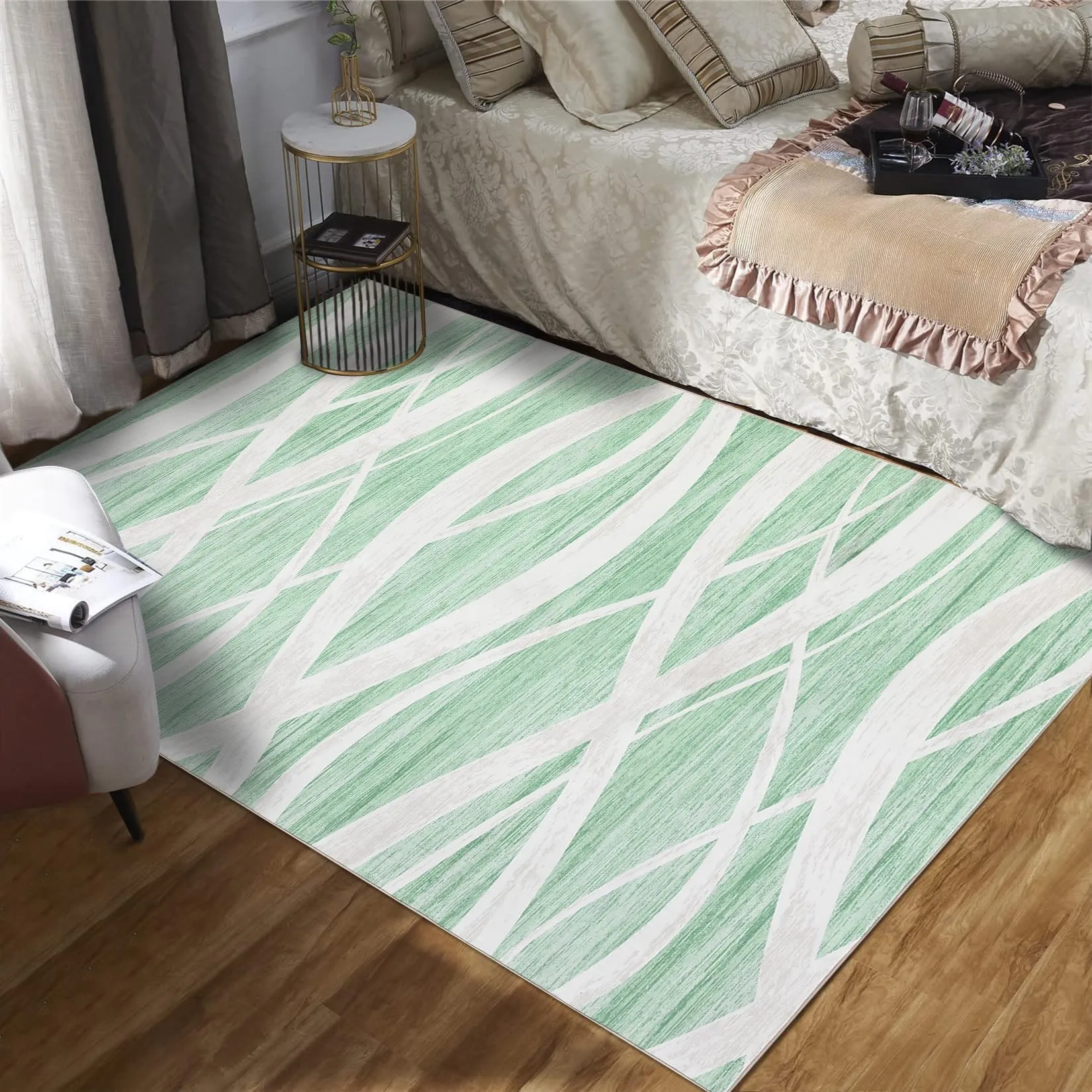 GARVEE 5x7 Area Rugs for Living Room Washable Rug Soft Modern Wave Distressed Carpet Non-Slip Print Rug Low Pile Non-Shedding Foldable Carpet for Bedroom Dining Room Office Nursery Green