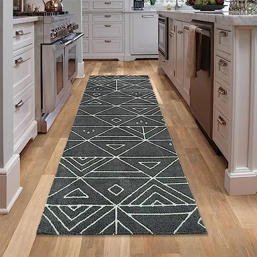 GARVEE Area Rug 2' x 6' Moroccan Runner Rug Indoor Modern Geometric Floor Cover Soft Thick Hallway Runner Contemporary Long Kitchen Mat Non Shedding Farmhouse Floor Carpet Bedroom Living Room, Grey