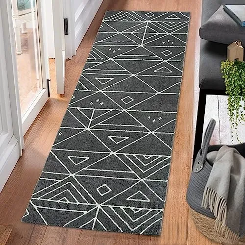 GARVEE Area Rug 2' x 6' Moroccan Runner Rug Indoor Modern Geometric Floor Cover Soft Thick Hallway Runner Contemporary Long Kitchen Mat Non Shedding Farmhouse Floor Carpet Bedroom Living Room, Grey