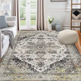 GARVEE Area Rug 4x6 Vintage Rug Floral Farmhouse Entryway Rug Machine Washable Small Rug for Bedroom Living Room Nursery Kids Playroom Boho Floor Rug Small Area Rug for Entry Way, Grey