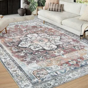 GARVEE Area Rugs 9x12 Living Room Vintage Rug Medallion Area Rug Indoor Floral Distressed Carpet Machine Washable Accent Rug Non-Slip Thin Rug Low Pile Living Room Bedroom Dining Room Dorm Rust