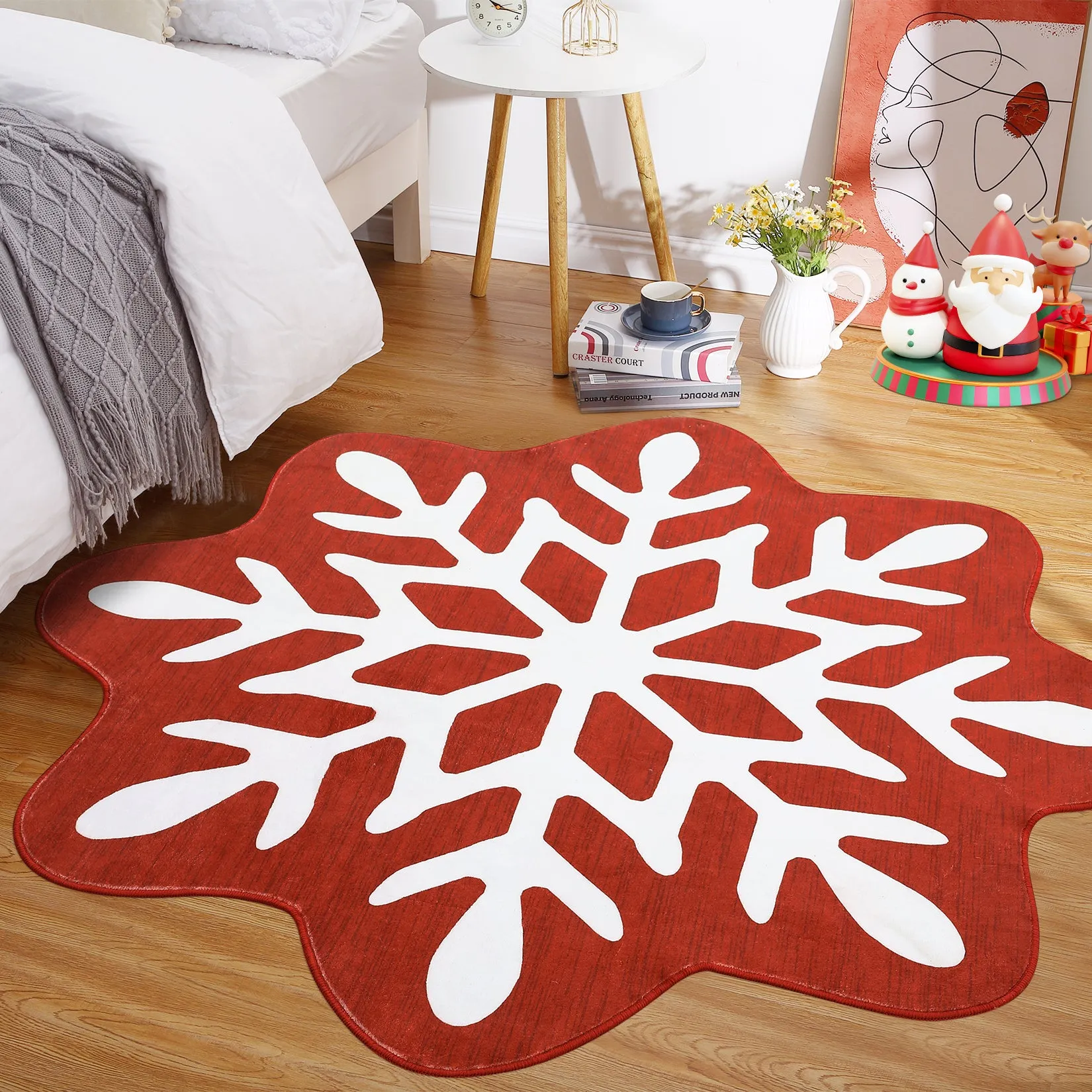 GARVEE Christmas Round Rug Washable Area Rugs 4ft Circle Rug for Living Room Non Slip Soft Non Shedding Throw Rugs Stain Resistant Room Decor Carpet for Dining Room Snowflake 4'x4'