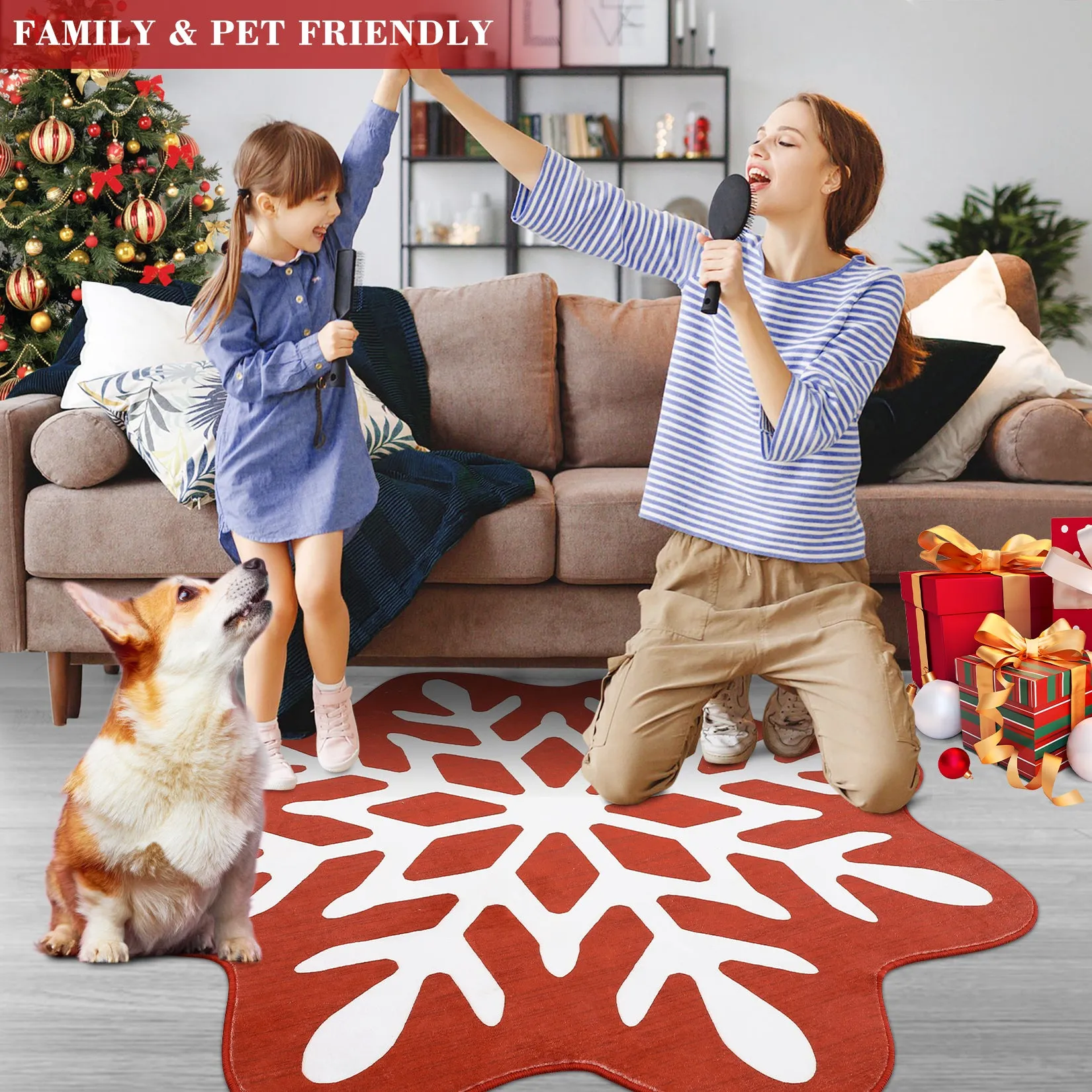 GARVEE Christmas Round Rug Washable Area Rugs 4ft Circle Rug for Living Room Non Slip Soft Non Shedding Throw Rugs Stain Resistant Room Decor Carpet for Dining Room Snowflake 4'x4'