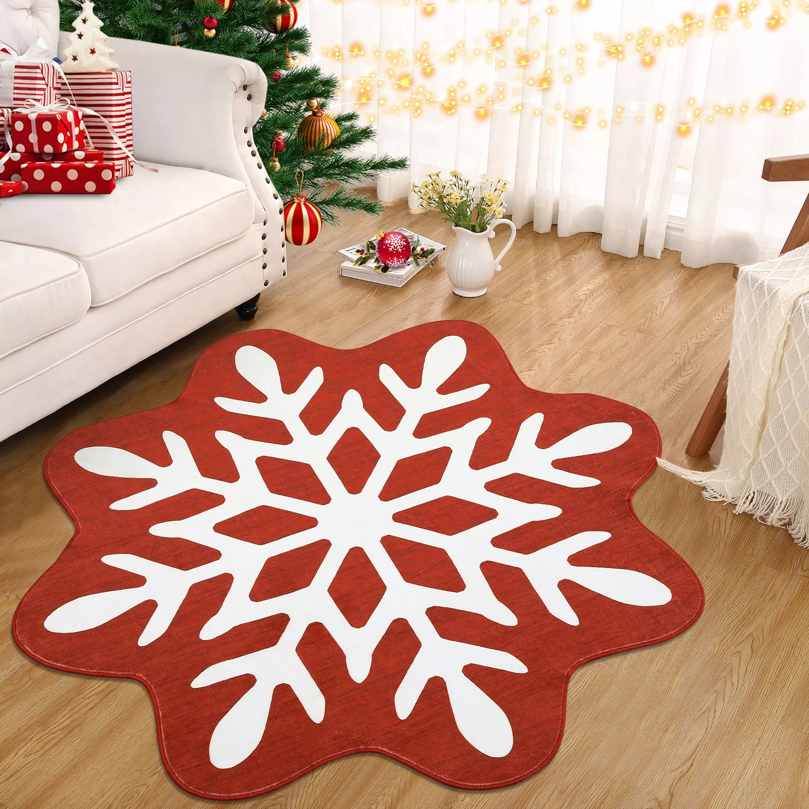 GARVEE Christmas Round Rug Washable Area Rugs 4ft Circle Rug for Living Room Non Slip Soft Non Shedding Throw Rugs Stain Resistant Room Decor Carpet for Dining Room Snowflake 4'x4'