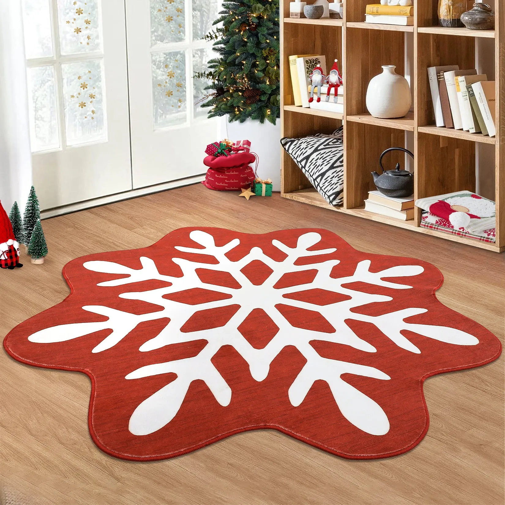 GARVEE Christmas Round Rug Washable Area Rugs 4ft Circle Rug for Living Room Non Slip Soft Non Shedding Throw Rugs Stain Resistant Room Decor Carpet for Dining Room Snowflake 4'x4'