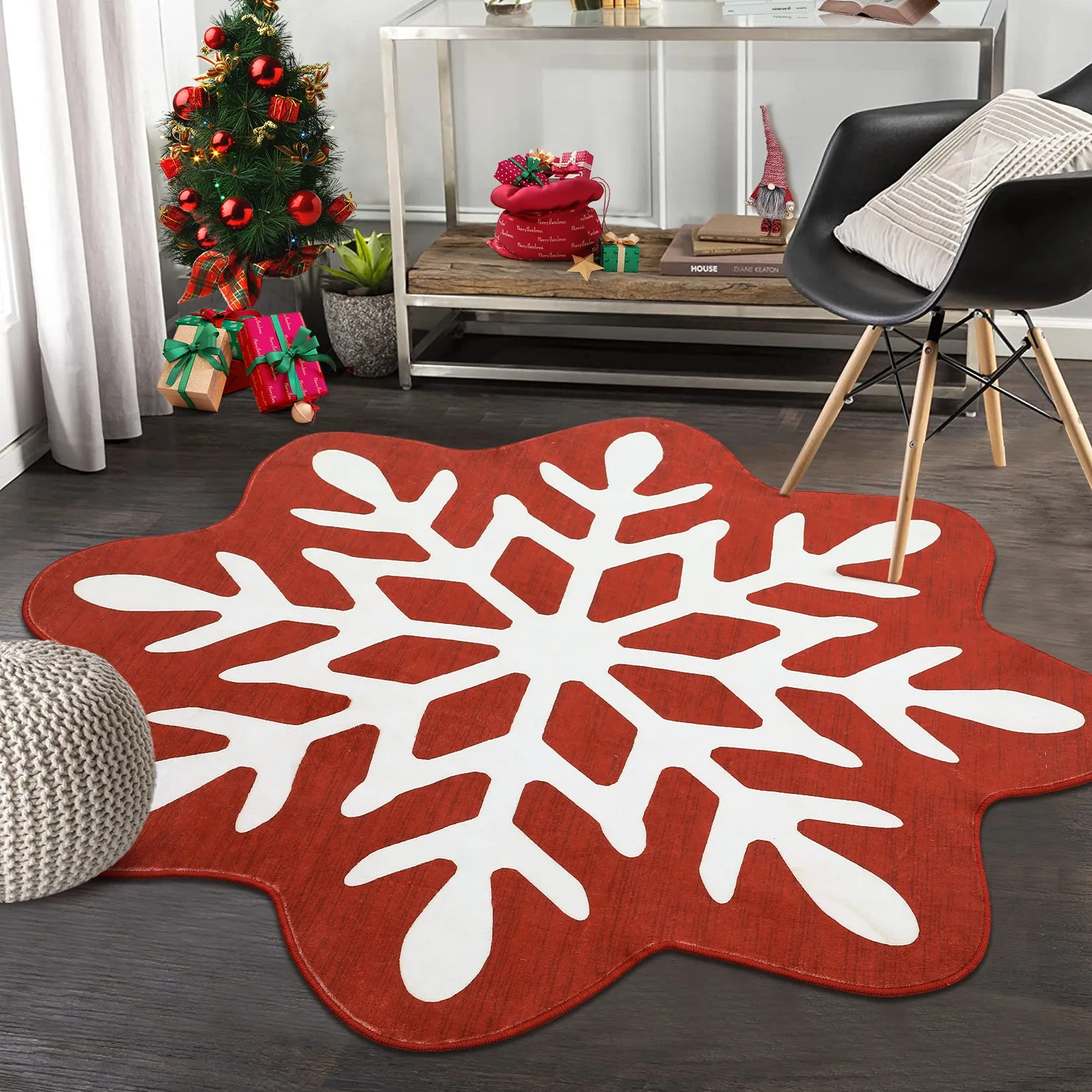 GARVEE Christmas Round Rug Washable Area Rugs 4ft Circle Rug for Living Room Non Slip Soft Non Shedding Throw Rugs Stain Resistant Room Decor Carpet for Dining Room Snowflake 4'x4'