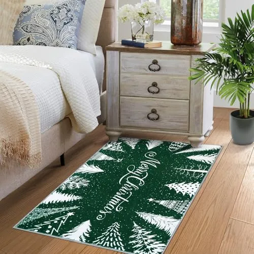 GARVEE Christmas Rug Door Mat Indoor Entrance 2x3 Washable Rug Snow Non Slip Kitchen Rugs Bath Mat Entryway Rug Stain Resistant Carpet for Living Room Green 2'x3'