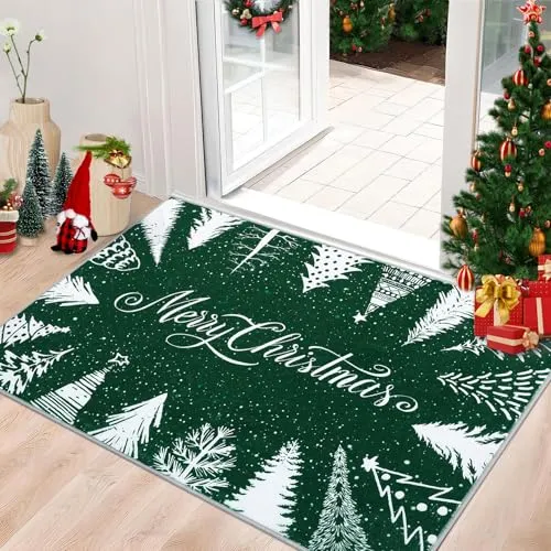 GARVEE Christmas Rug Door Mat Indoor Entrance 2x3 Washable Rug Snow Non Slip Kitchen Rugs Bath Mat Entryway Rug Stain Resistant Carpet for Living Room Green 2'x3'