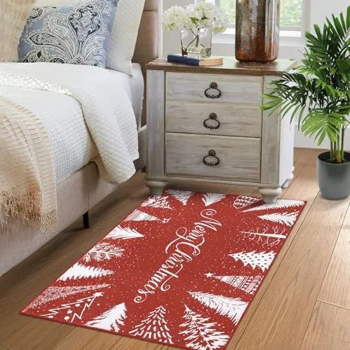 GARVEE Christmas Rug Door Mat Indoor Entrance 2x3 Washable Rug Snow Non Slip Kitchen Rugs Bath Mat Entryway Rug Stain Resistant Carpet for Living Room Red 2'x3'