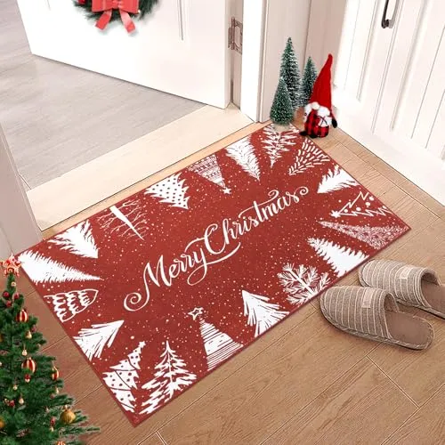 GARVEE Christmas Rug Door Mat Indoor Entrance 2x3 Washable Rug Snow Non Slip Kitchen Rugs Bath Mat Entryway Rug Stain Resistant Carpet for Living Room Red 2'x3'