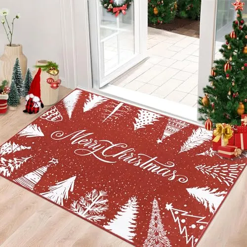 GARVEE Christmas Rug Door Mat Indoor Entrance 2x3 Washable Rug Snow Non Slip Kitchen Rugs Bath Mat Entryway Rug Stain Resistant Carpet for Living Room Red 2'x3'