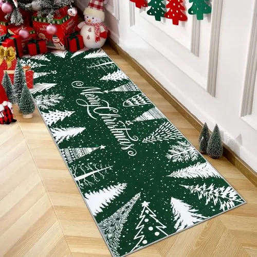 GARVEE Christmas Rug Runner Rug 2x6 Washable Rug Non Slip Kitchen Rugs Bedroom Decor Soft Throw Rugs Stain Resistant Carpet for Bedroom Laundry Hallway Runner Green 2'x6'