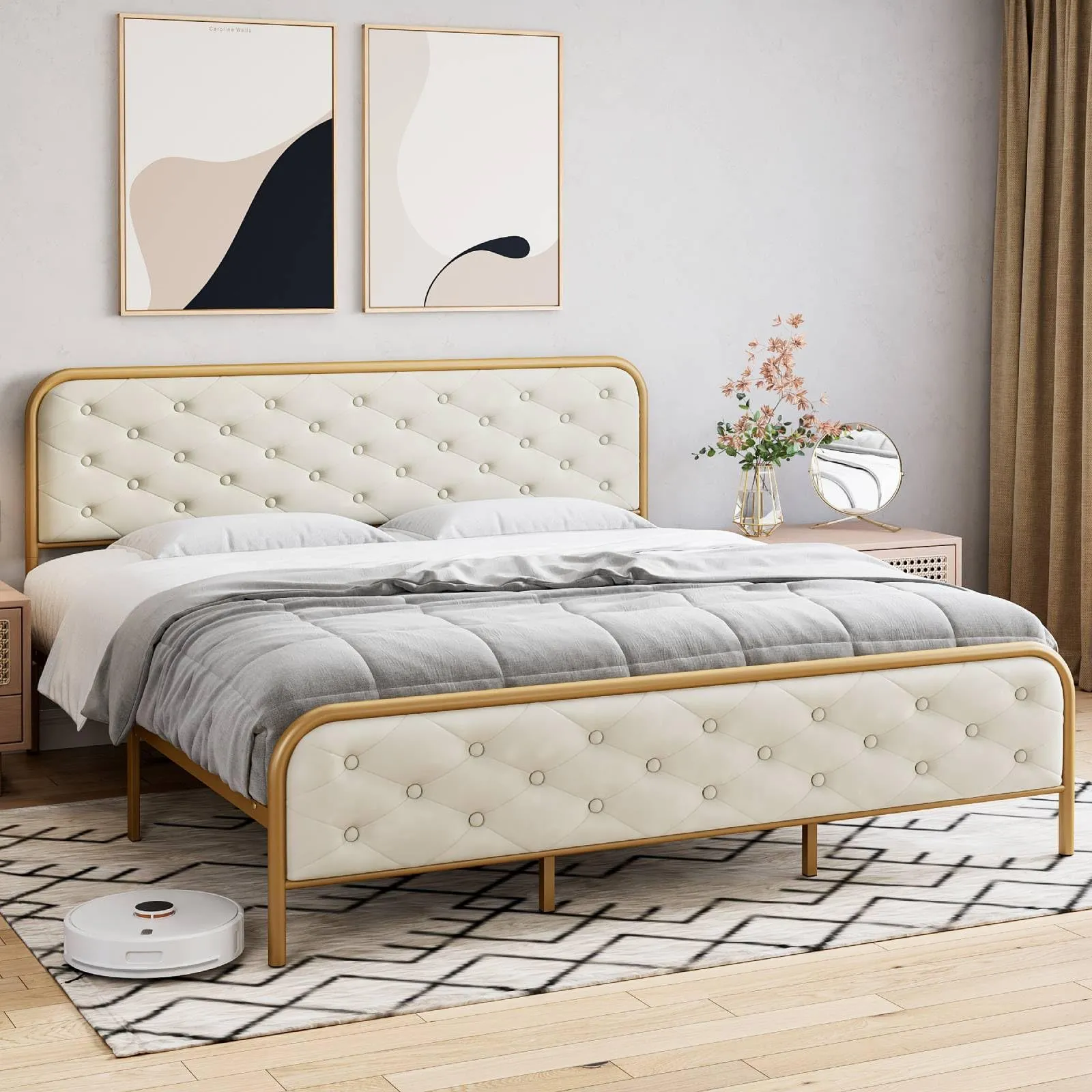 GARVEE Full Size Bed Frame with Elegant Button Tufted Curved Headboard, Velvet Upholstered Platform Bed Frame, Golden Heavy Duty Mattress Foundation, Noise Free, No Box Spring Needed, Gold-Beige