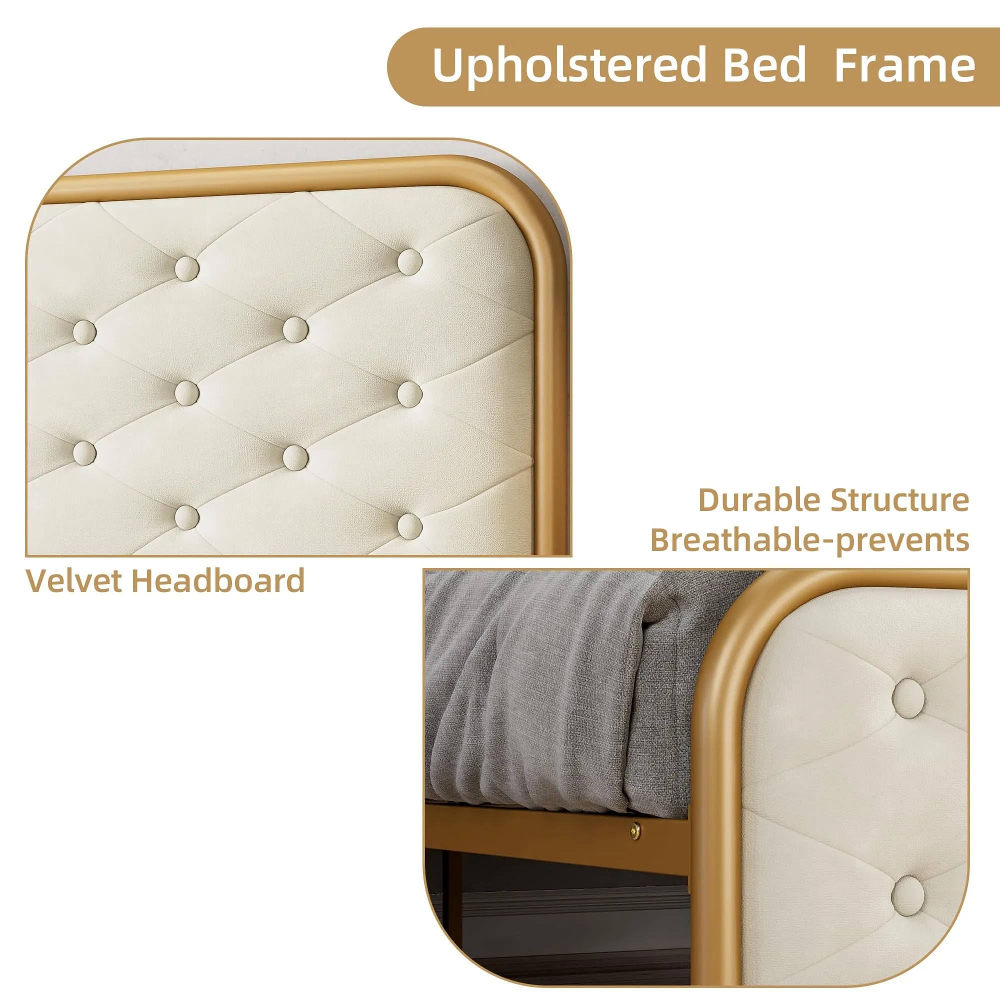 GARVEE Full Size Bed Frame with Elegant Button Tufted Curved Headboard, Velvet Upholstered Platform Bed Frame, Golden Heavy Duty Mattress Foundation, Noise Free, No Box Spring Needed, Gold-Beige